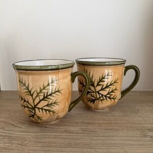 Sauvignon West Indies Palm Tree Ceramic Mugs Set of 2 Tan Green Tropical 4in